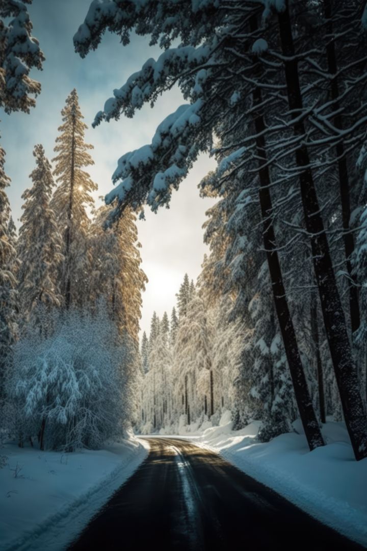 Scenic winter snow landscape with road in forest, created using generative ai technology - Free Images, Stock Photos and Pictures on Pikwizard.com