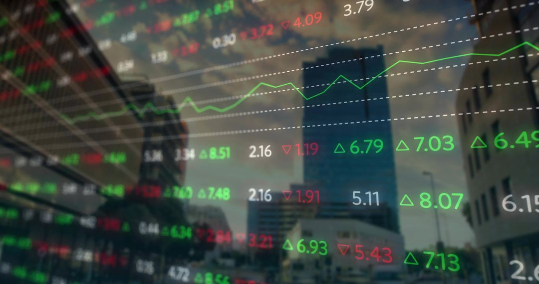 Stock Market Data Projected on Urban Glass Skyscraper