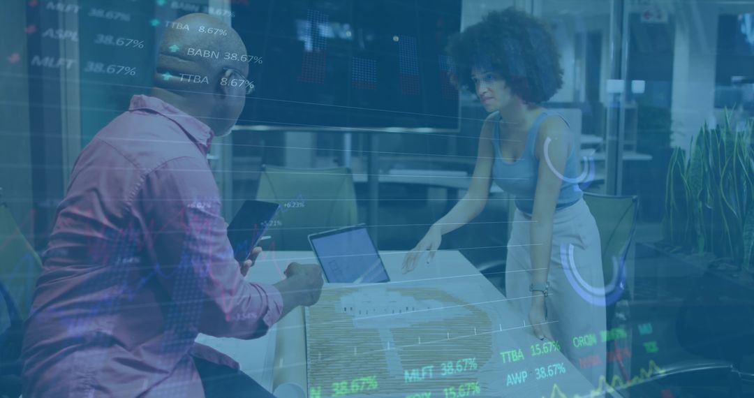 Colleagues Discussing Financial Strategy with Digital Interface Overlay