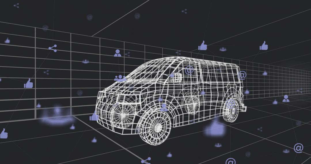 Futuristic Wireframe Van in Virtual 3D Network Space