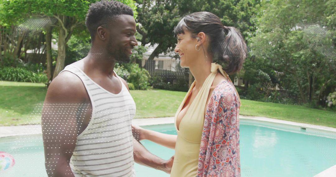 Smiling couple enjoying sunlit backyard pool day in swimwear with colorful coverup