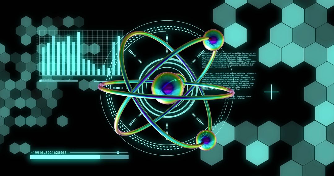 Futuristic Atom Model with Data Elements and Graphics