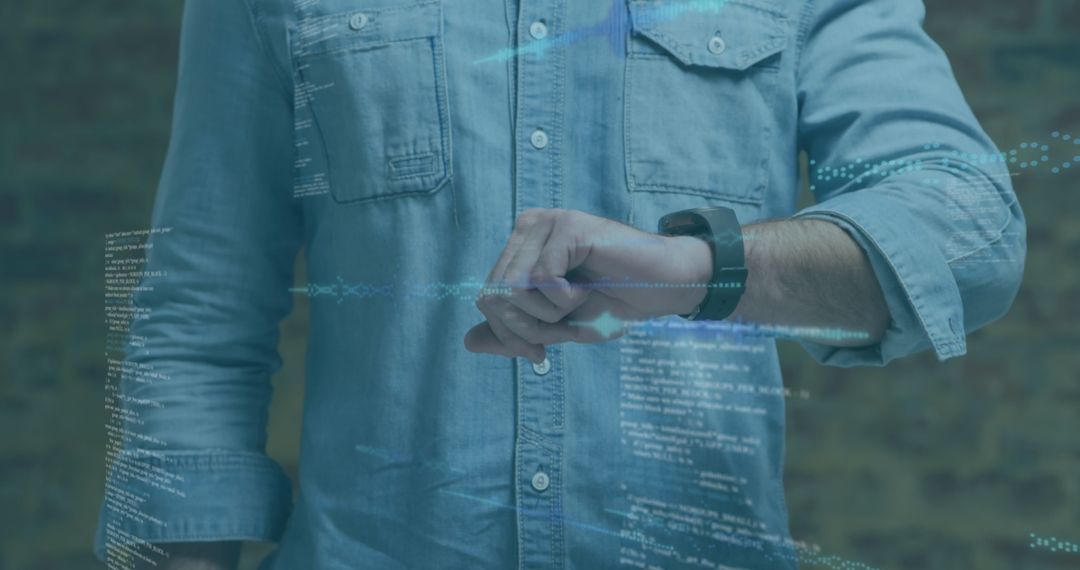 Man Wearing Smartwatch with Digital Data Interaction