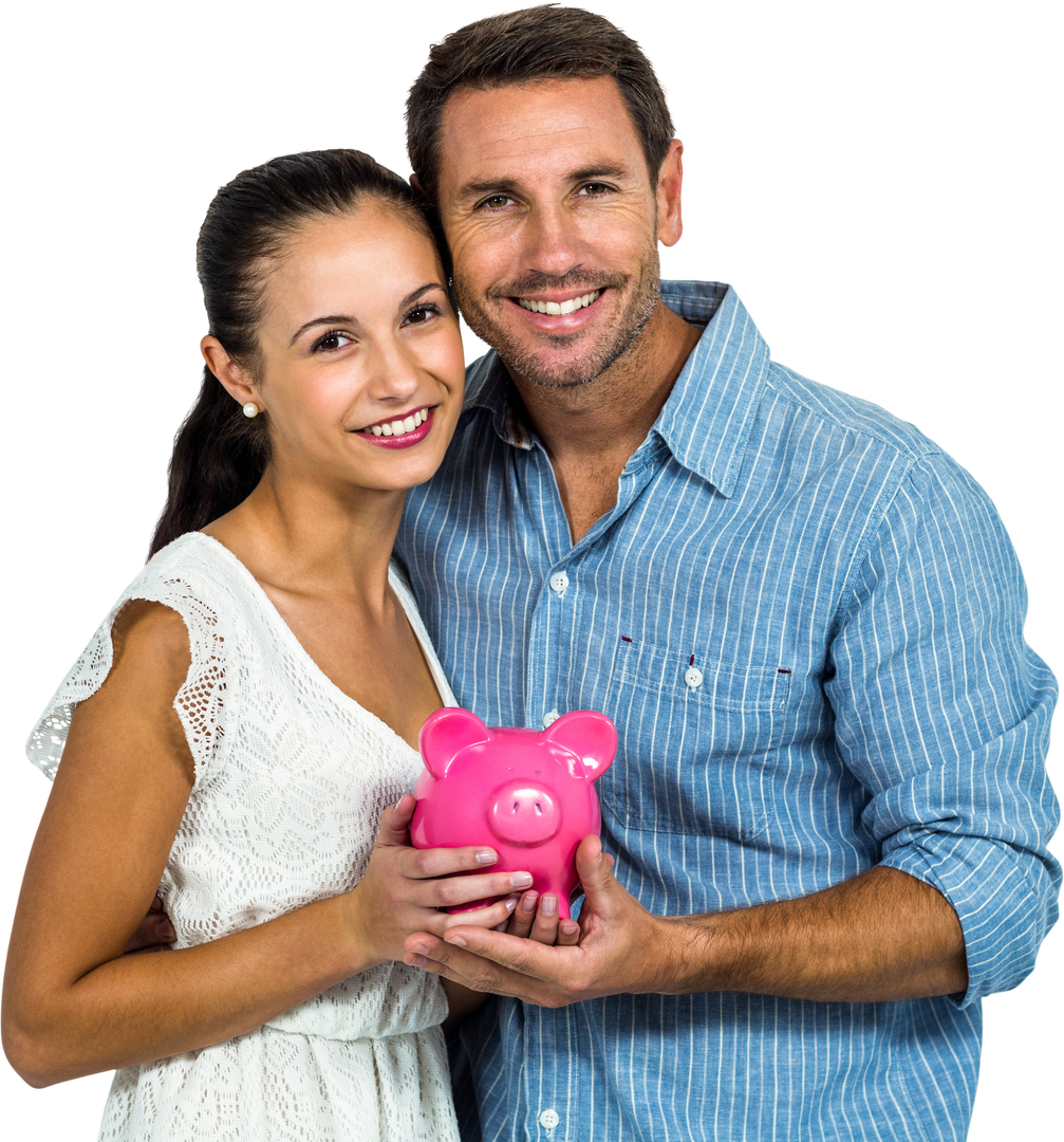 Transparent Young Couple Holding Pink Piggy Bank Smiling at Camera - Download Free Stock Images Pikwizard.com