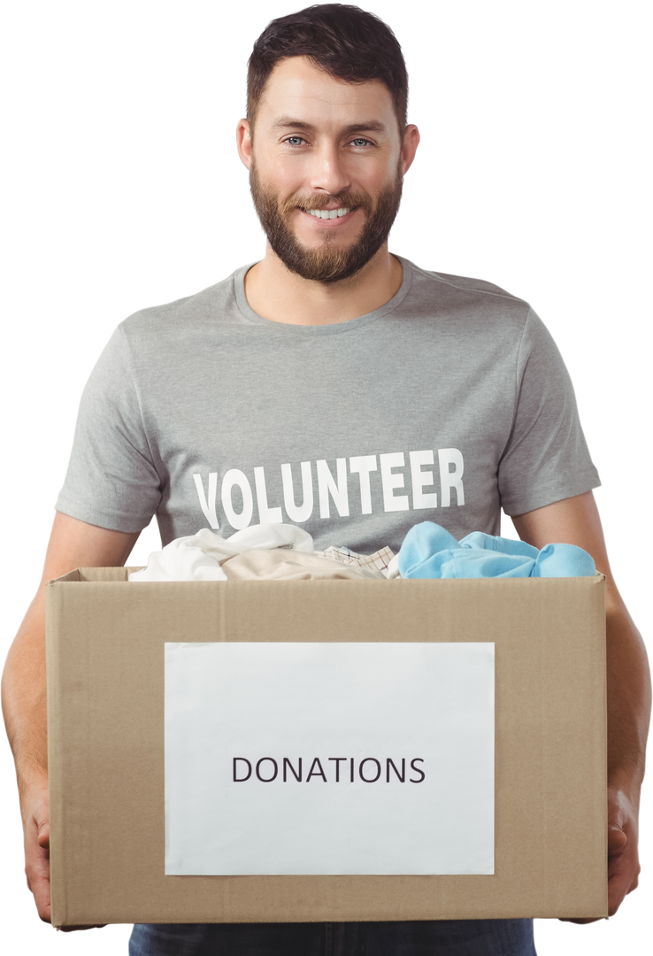 Male Volunteer Smiling with Donations Box on Transparent Background - Download Free Stock Images Pikwizard.com