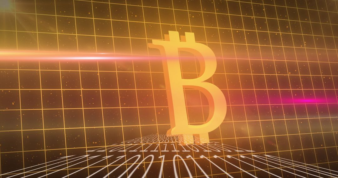 Digital Cryptocurrency Bitcoin Symbol on Binary Grid