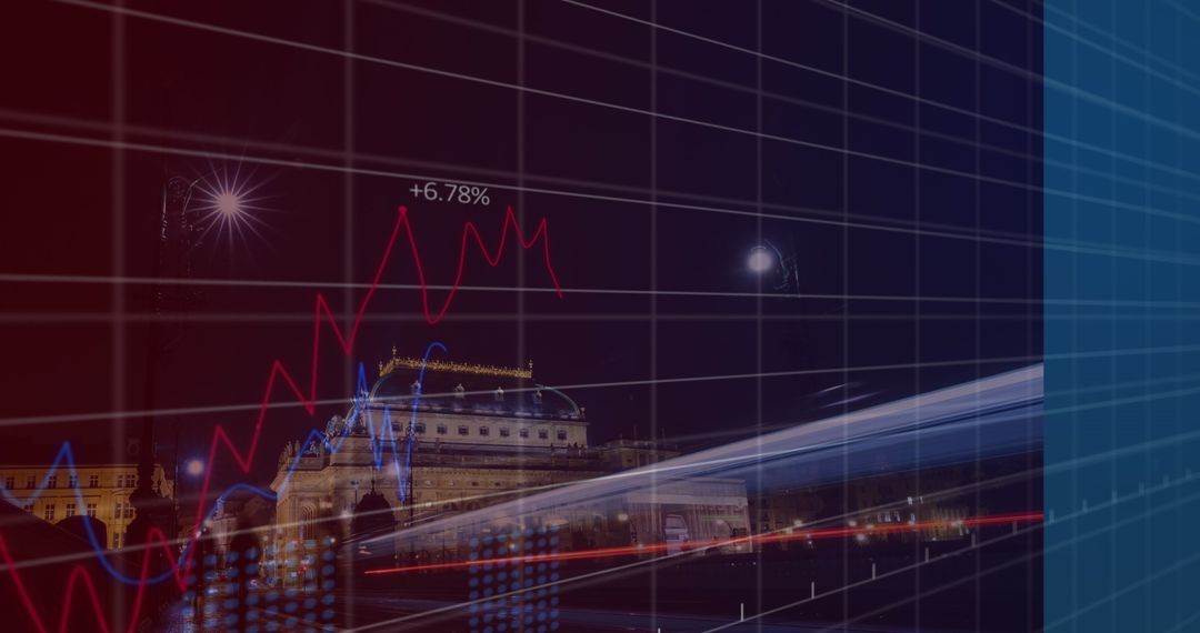 Digital Data Processing Over Cityscape at Night