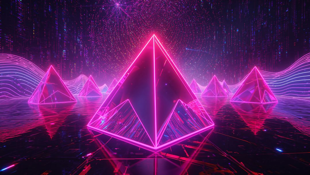 Glowing Neon Pyramid Landscape Reflecting on Glossy Grid with Futuristic Synthwave Glow