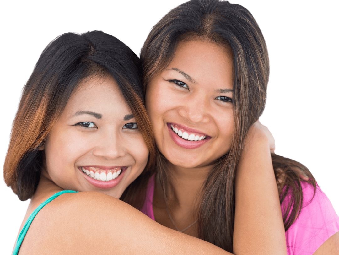 Happy Sisters Hugging and Smiling on Transparent Background