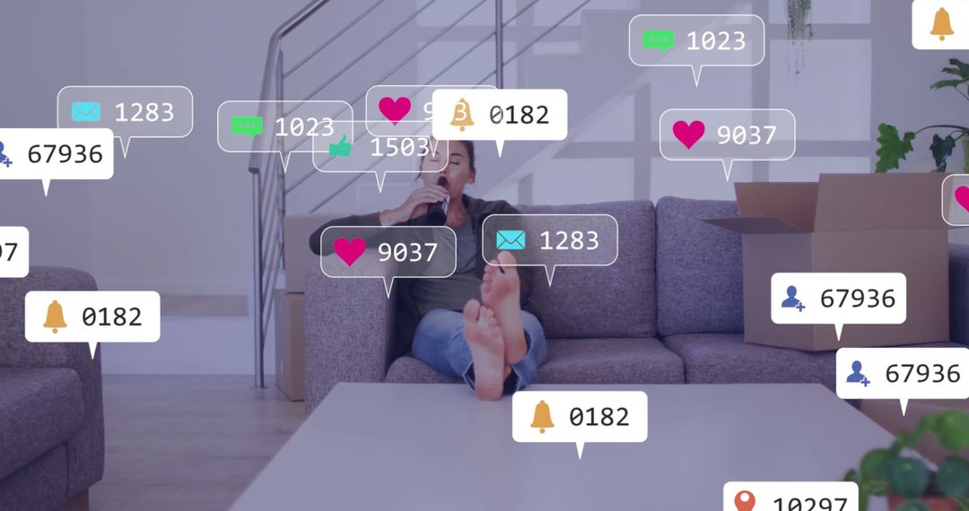Woman Relaxing on Couch with Smartphone Notifications Overlay