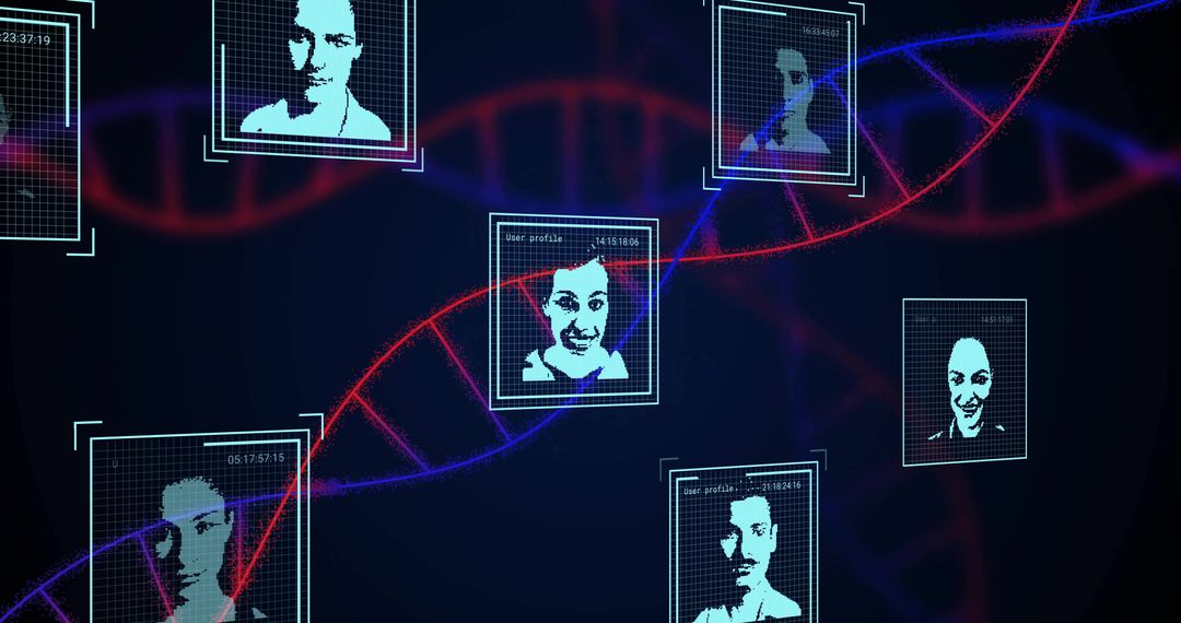 Biometric DNA Network Displaying Holographic Profile Portraits with Neon Helix Grids