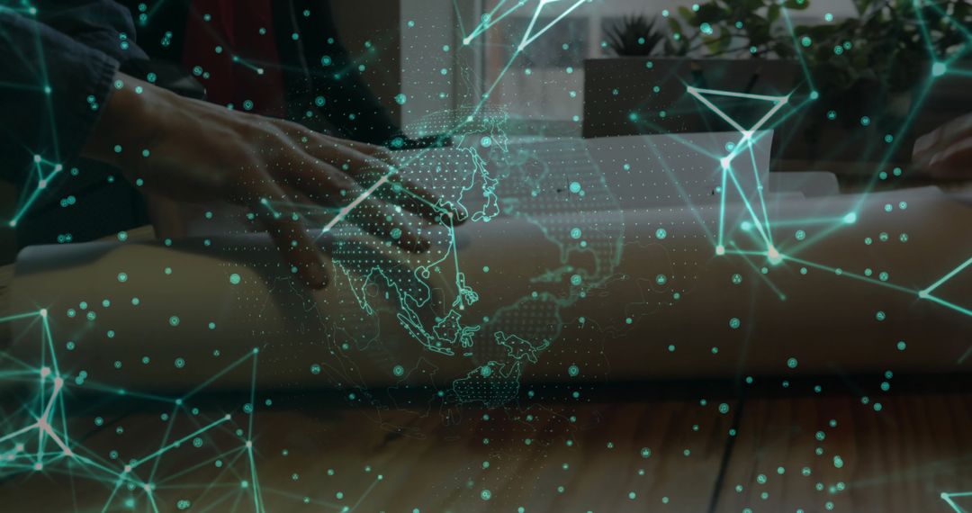 Holographic Network Over Blueprint on Desk in Contemporary Office