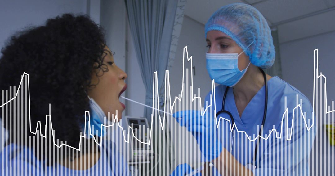 Nurse performing throat swab test in full PPE with clinical waveform overlay for diagnostics