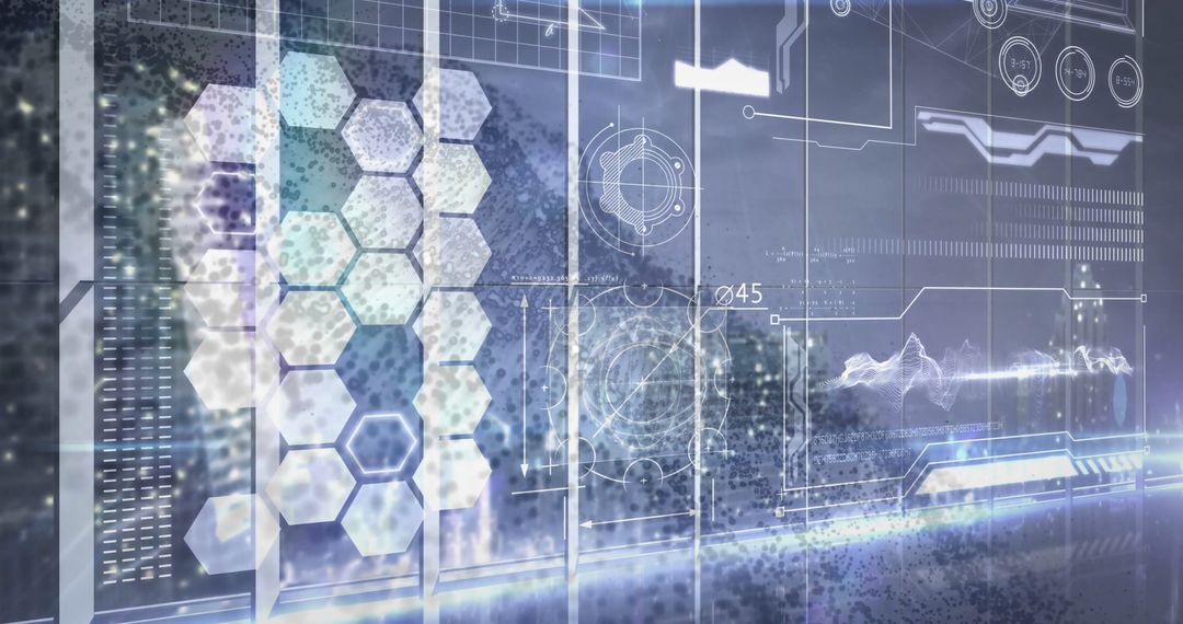 Futuristic Digital HUD Interface with Wireframe Diagrams and Data Grids
