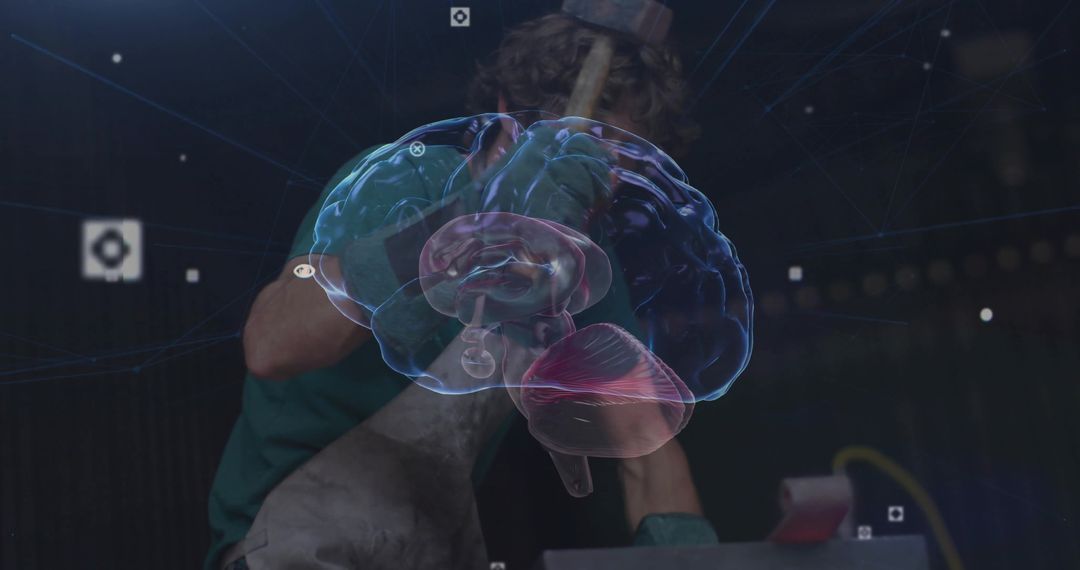 Metalworker Innovating with Holographic Brain Technology in Workshop