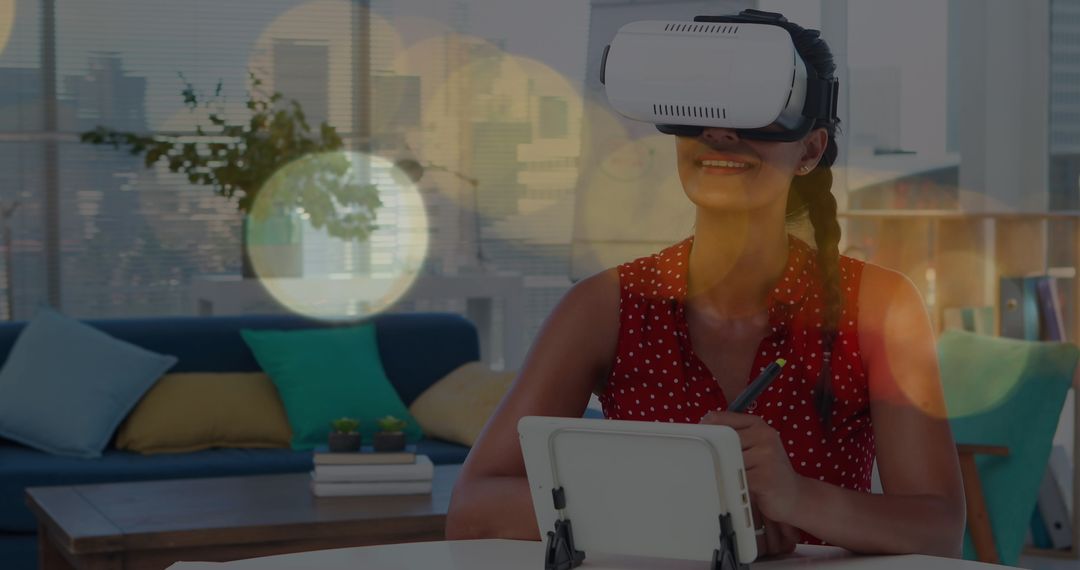 Excited Woman Experiencing Virtual Reality at Home