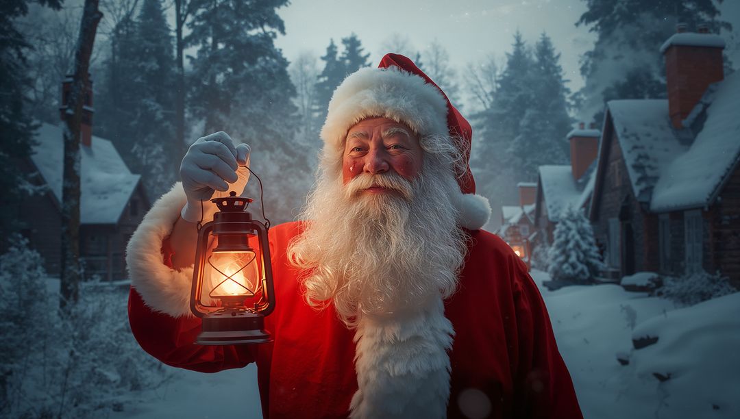 Santa Claus with Lantern on Snowy Winter Evening