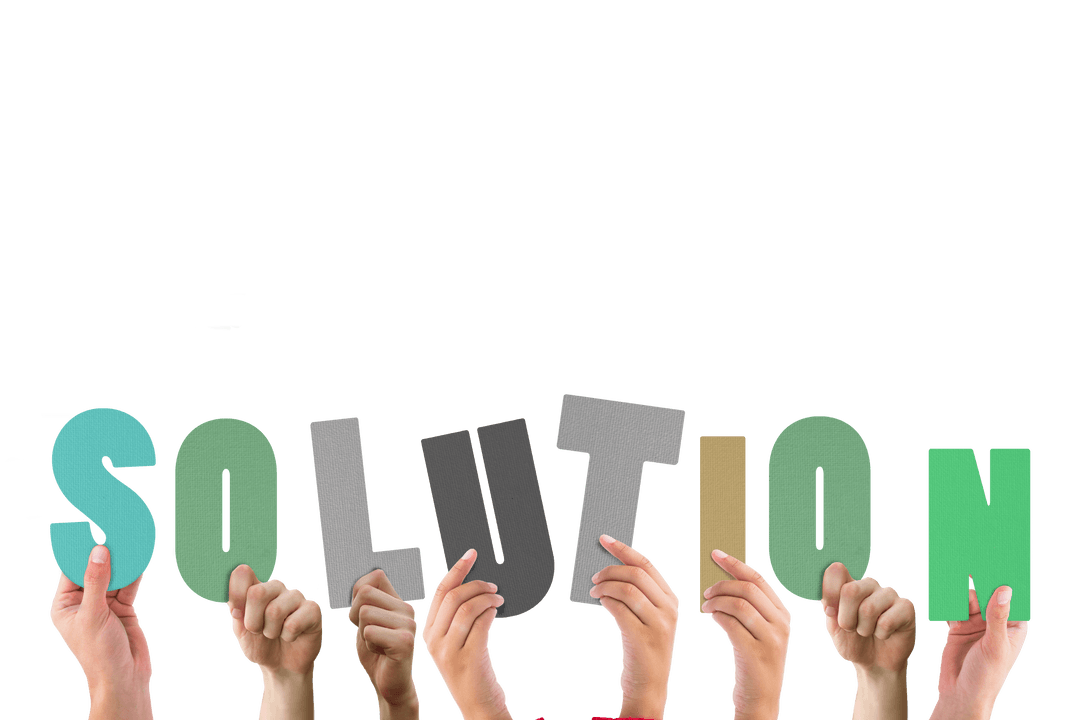 Diverse Hands Holding ‘Solution’ Text on Transparent Background