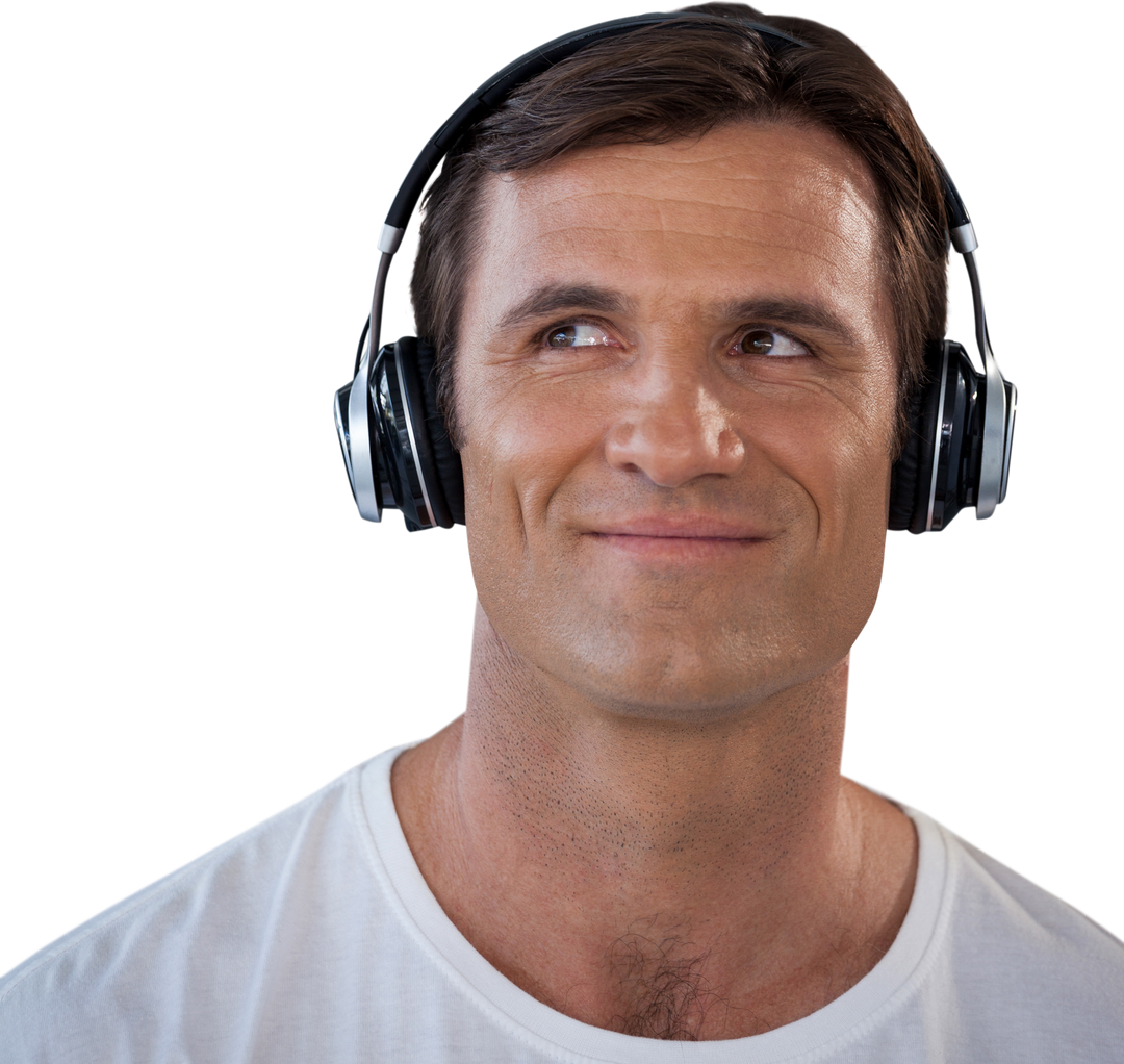 Smiling Mature Man Enjoying Music with Headphones Transparent Background - Download Free Stock Images Pikwizard.com