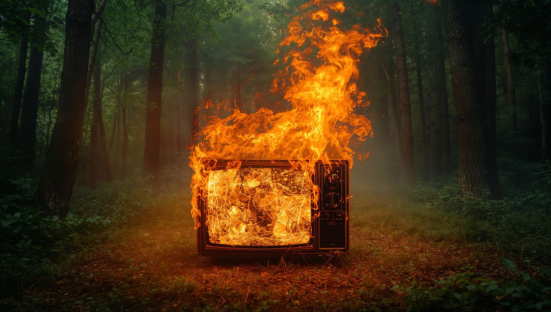 Burning Vintage Television in Mysterious Forest