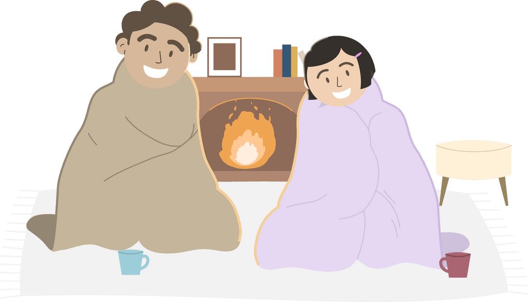 Couple Wrapped in Blankets by Fireplace, Transparent Background