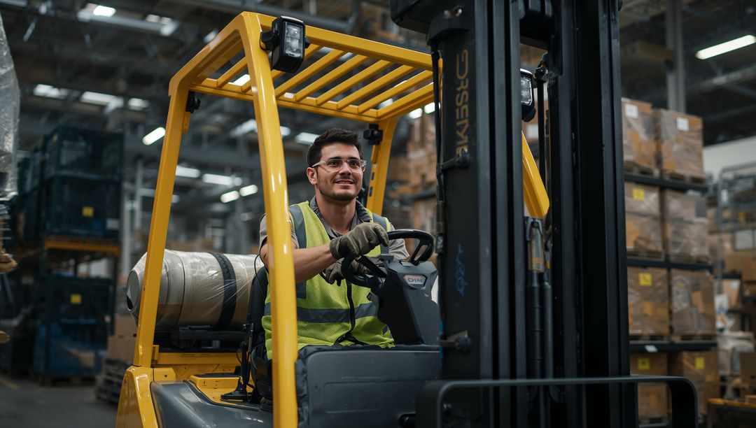 Forklift operator wearing hi-vis vest operating yellow forklift in busy warehouse