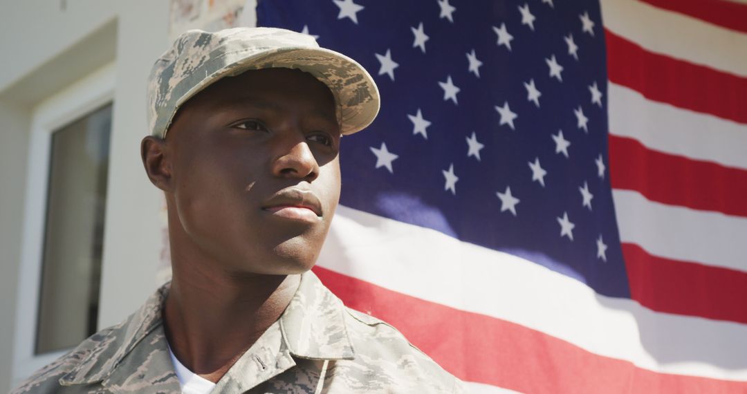 Image of african american soldier standing outside house - Free Images, Stock Photos and Pictures on Pikwizard.com