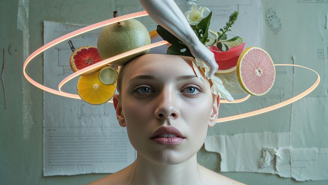 Surreal Female Bust with Fruits and Neon Rings in Art Studio
