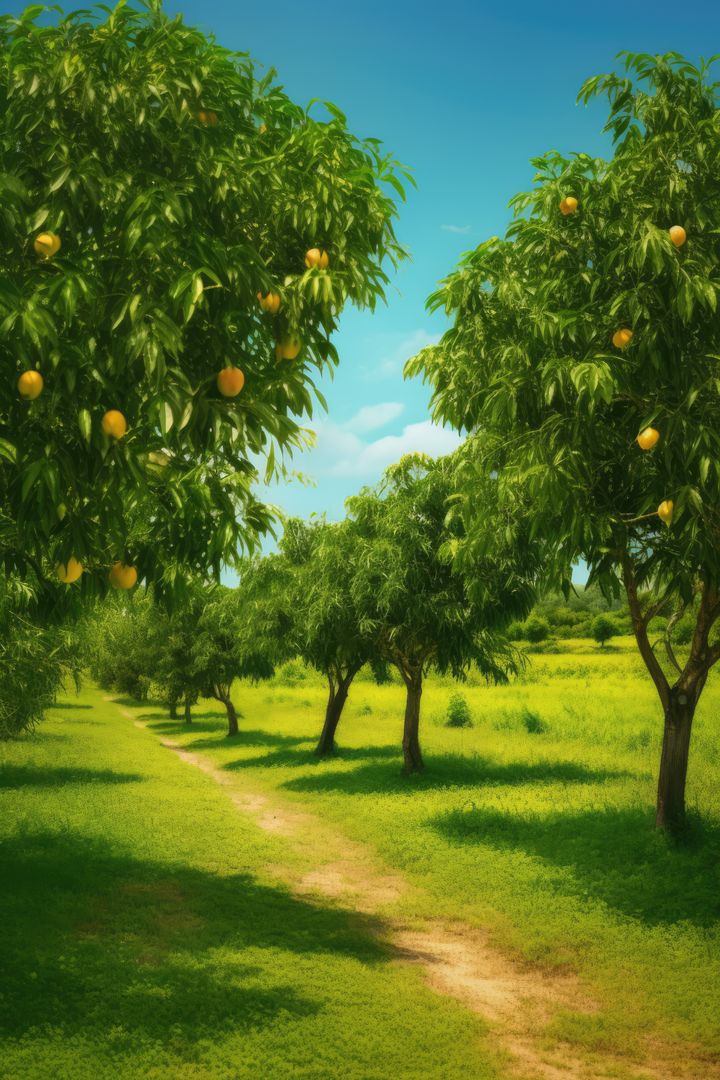 Mango trees with fruit in row in nature, created using generative ai technology - Free Images, Stock Photos and Pictures on Pikwizard.com