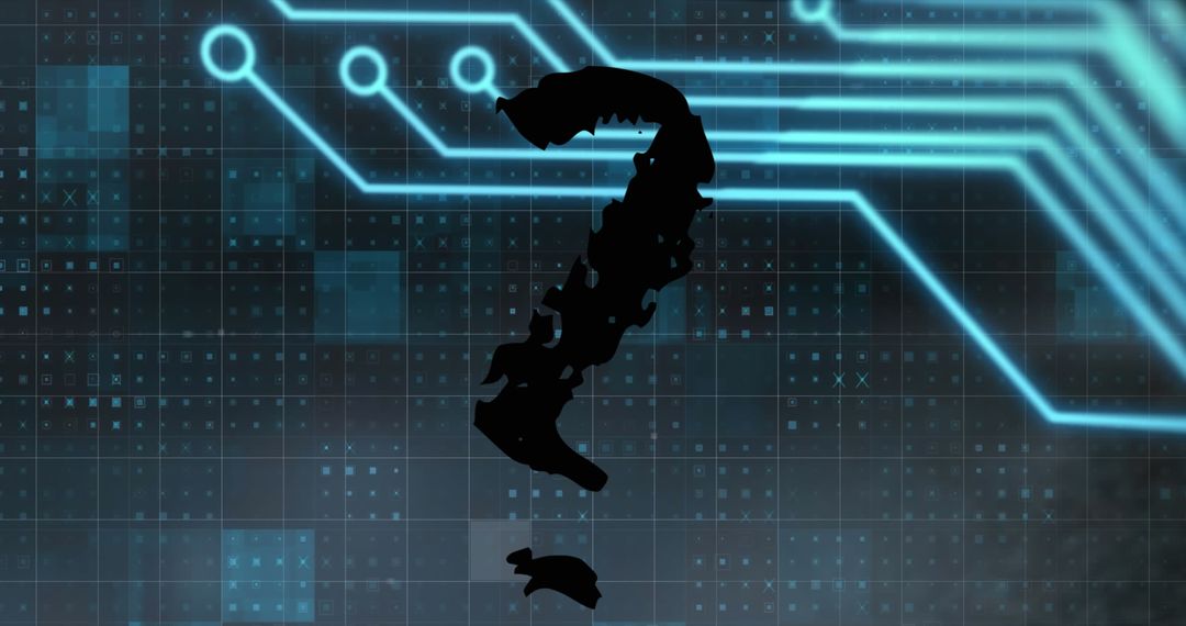 Japanese Islands Question Mark on Digital Grid and Circuit Background
