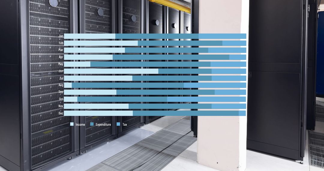 Data Visualization Over Modern Server Room with Bar Graph Overlay