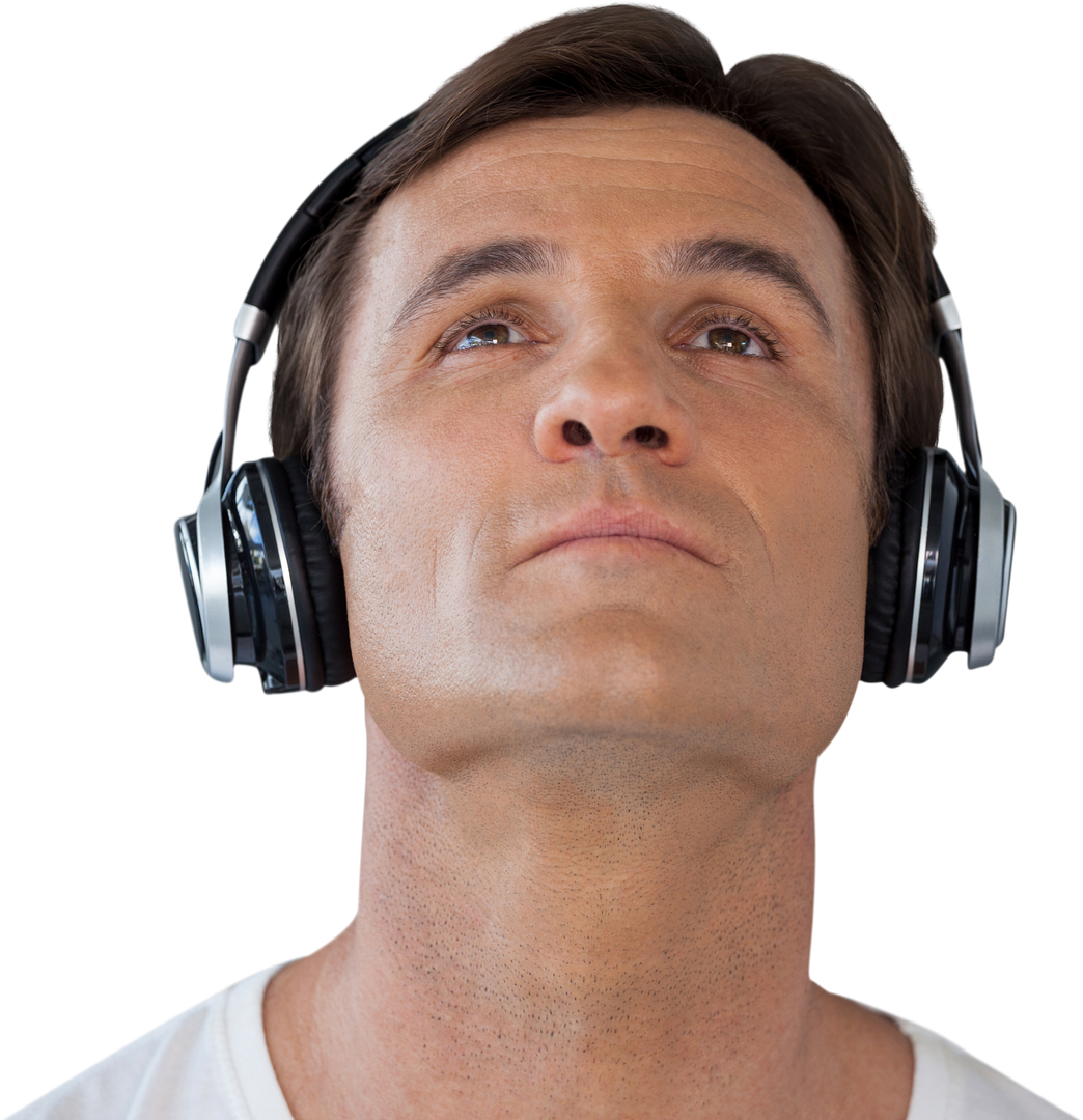 Thoughtful Mature Man with Headphones Listening Upwards Transparent Background - Download Free Stock Images Pikwizard.com