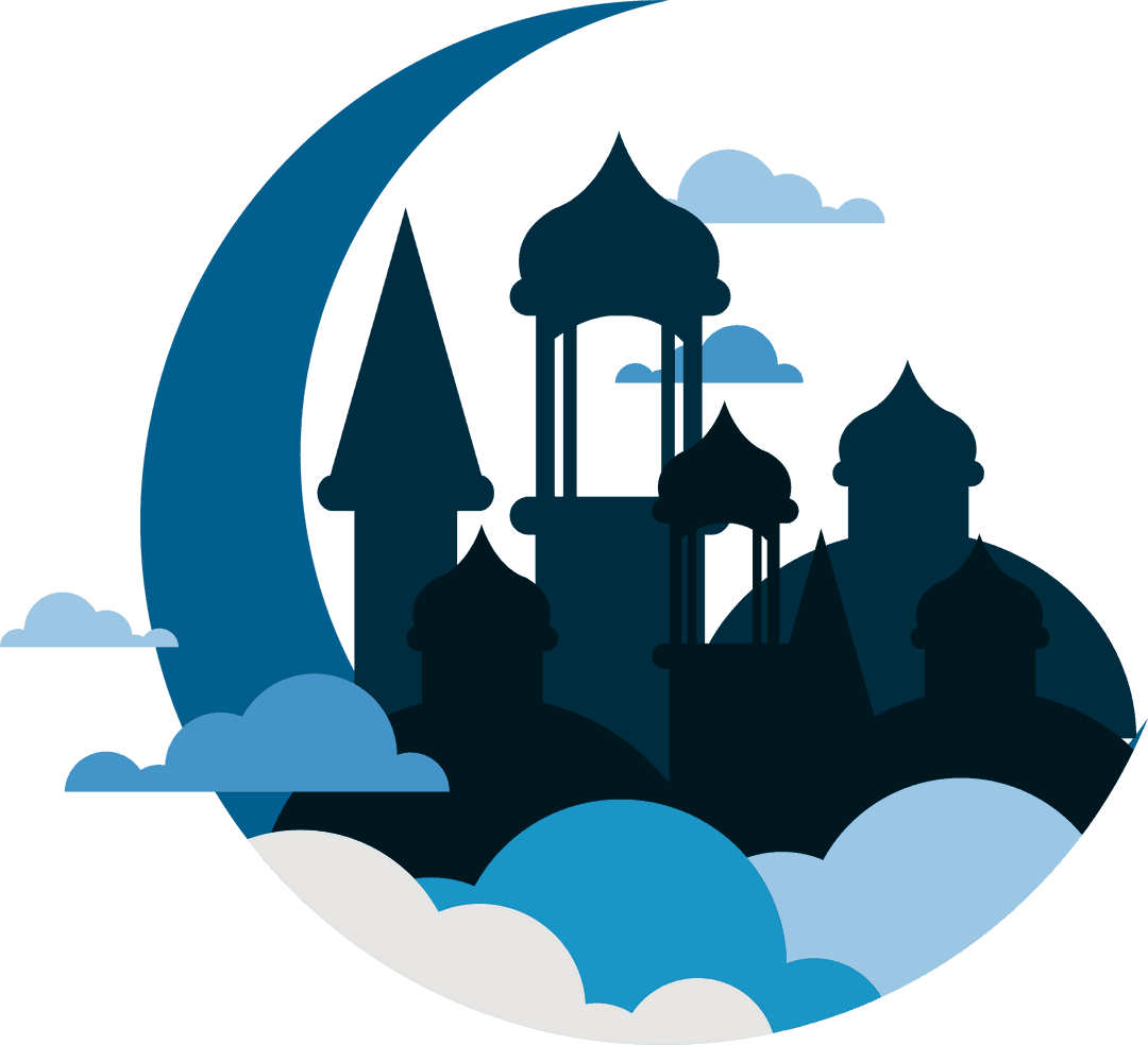 Transparent Crescent Moon Skyline with Mosque Silhouettes