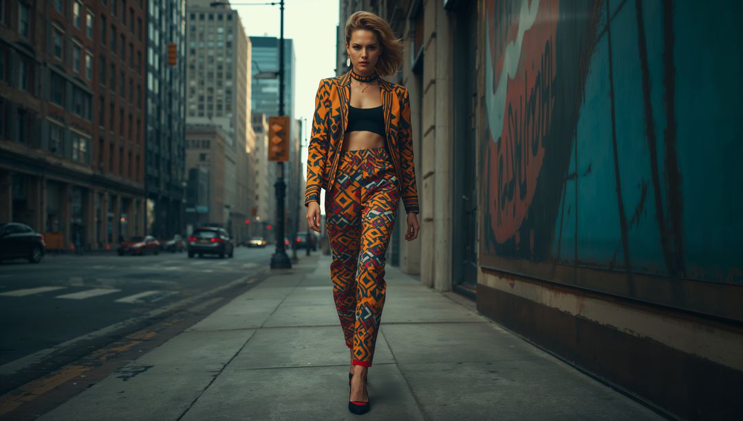 Stylish Model in Patterned Suit Walking Urban Street