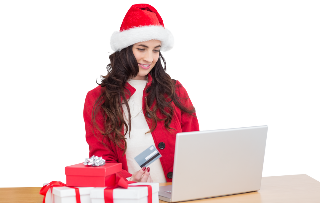 Caucasian Woman in Santa Claus Hat Online Shopping with Credit Card, Transparent - Download Free Stock Images Pikwizard.com