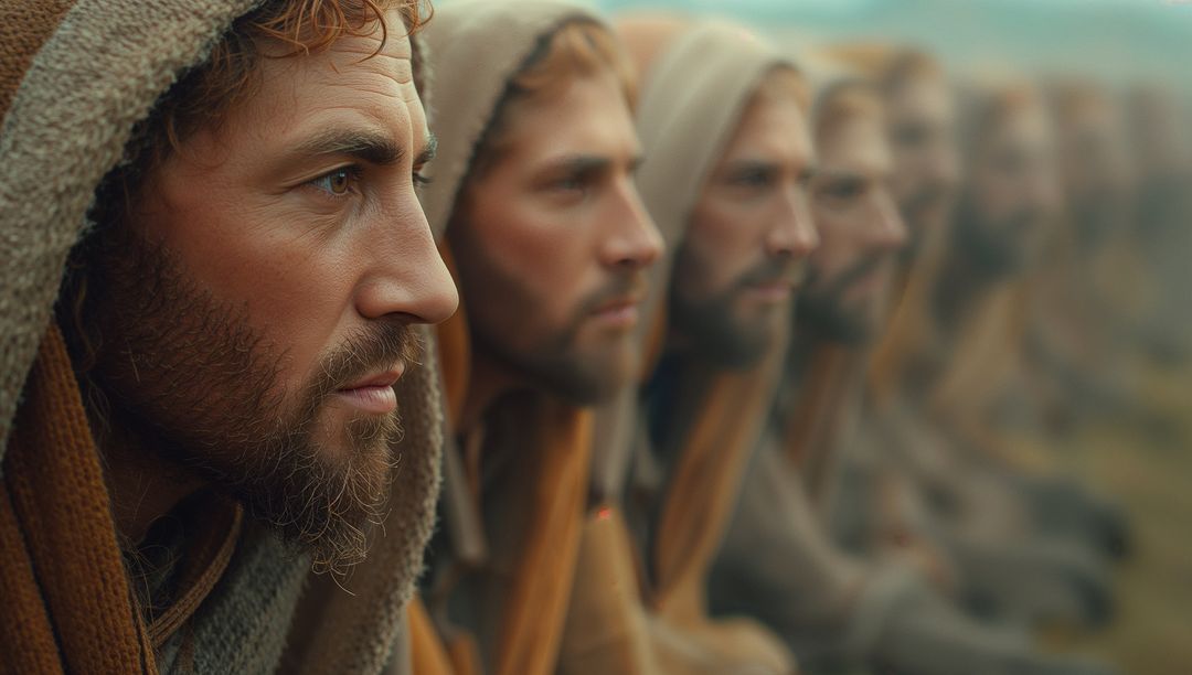 Line of Hooded Figures Deep in Contemplation on Vast Hazy Plain