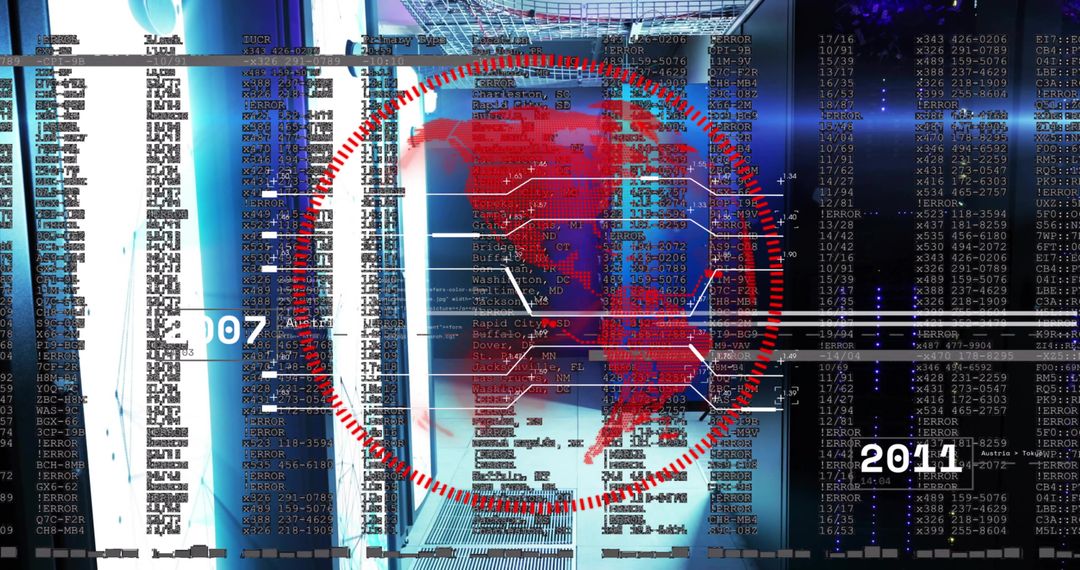 Visualizing North America cyberattack network over server racks with 2007–2011 timeline