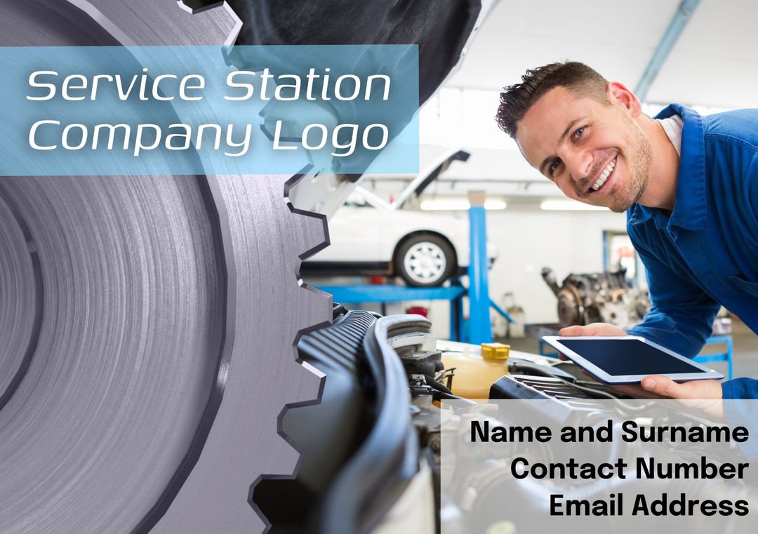 Mechanic in Service Station Working on Car with Tablet Device