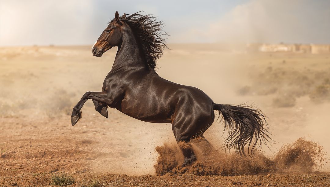 Majestic black horse rearing amidst arid stretch