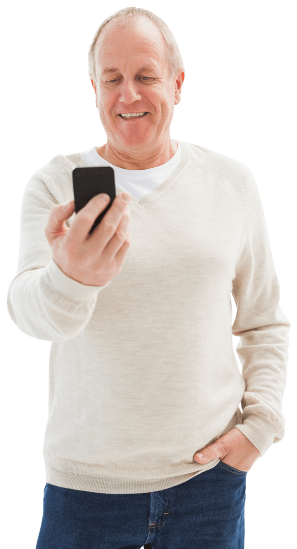 Elderly Man Smiling At Phone, Transparent Background