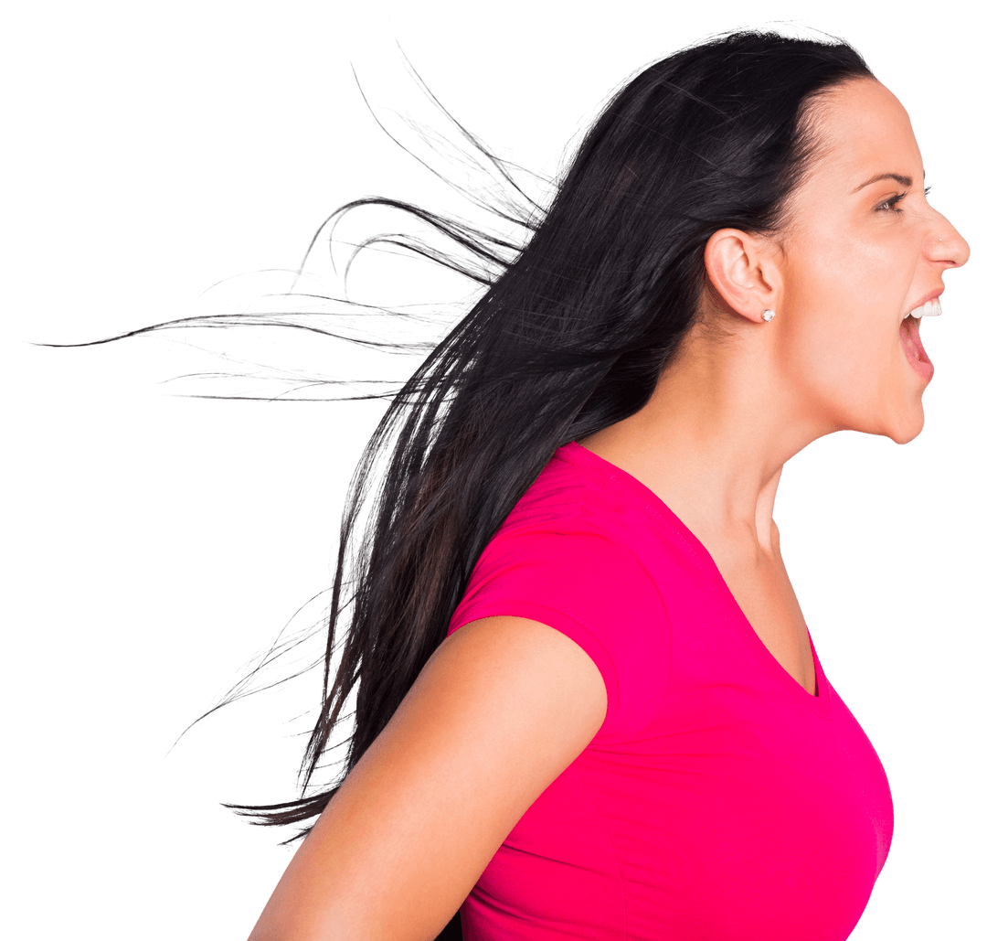 Transparent Woman Shouting Expression in Vibrant Red T-shirt
