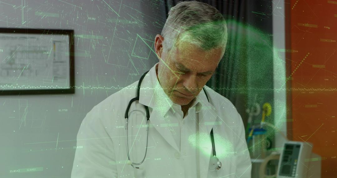Senior Physician Reviewing Patient Notes with Holographic Data Overlay for Digital Health
