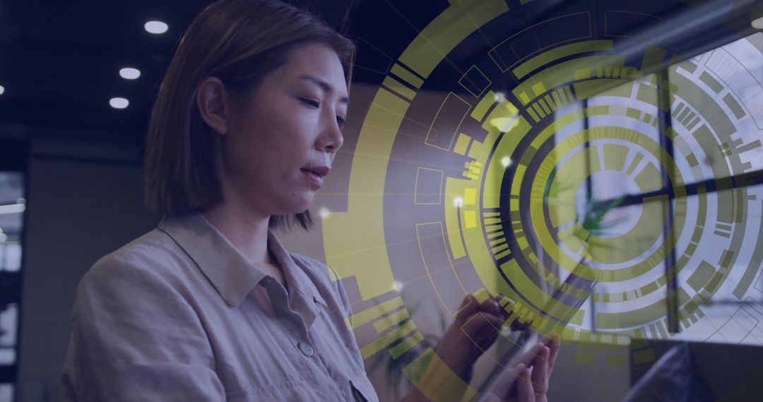 Asian Professional Using Smartphone with Augmented Reality Interface