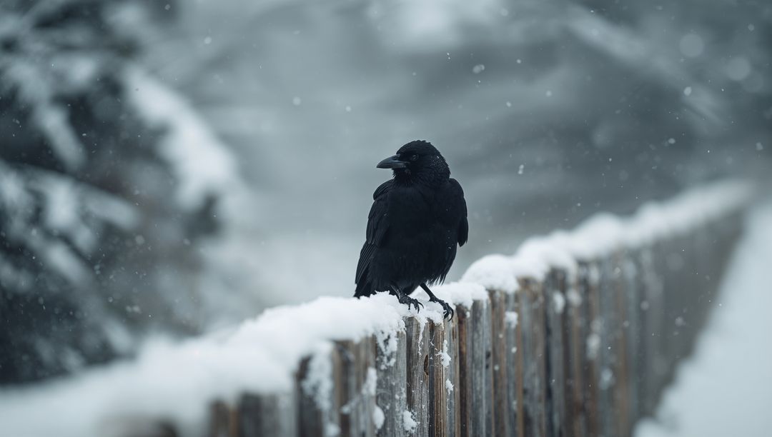 Black Crow on Snowy Fence in Winter Wonderland