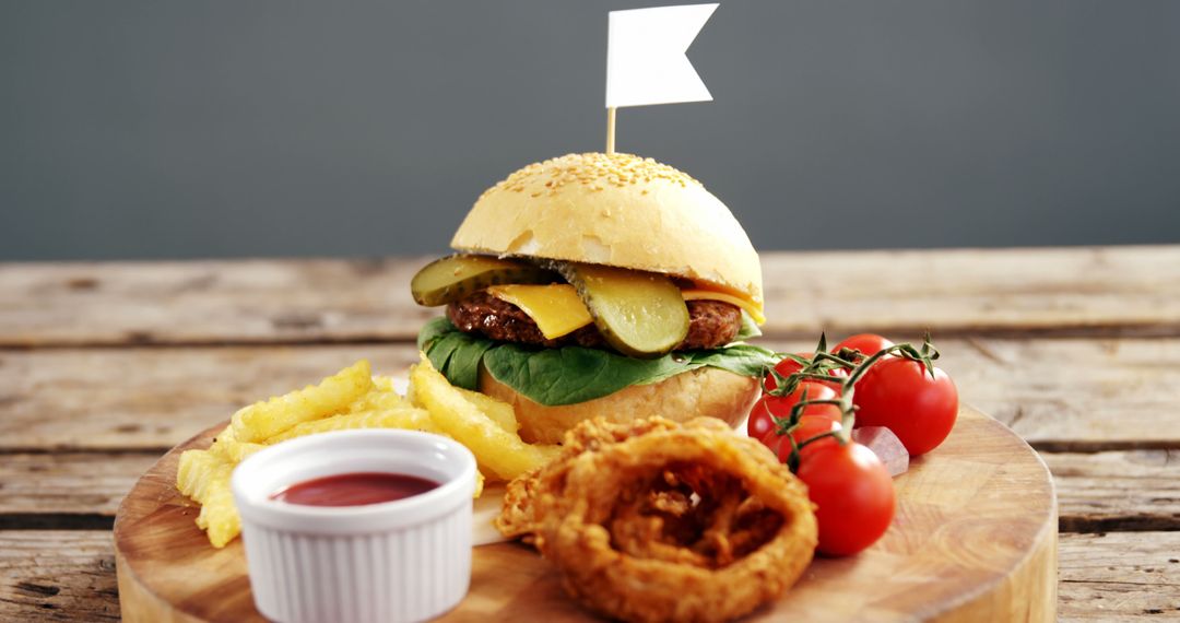 Classic Cheeseburger with Fries and Onion Rings on Rustic Wooden Table - Free Images, Stock Photos and Pictures on Pikwizard.com