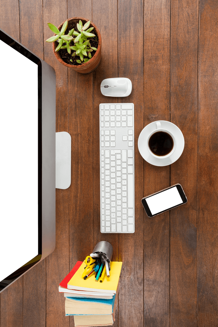 Transparent Workstation Layout with Keyboard, Coffee, and Plant