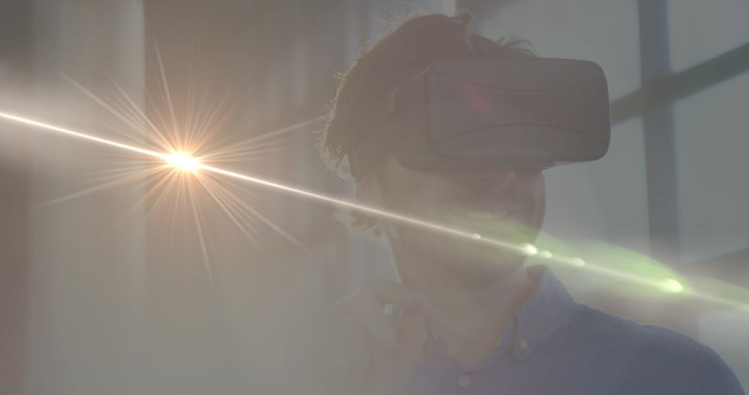 VR Headset in Futuristic Digital Environment with Lens Flare