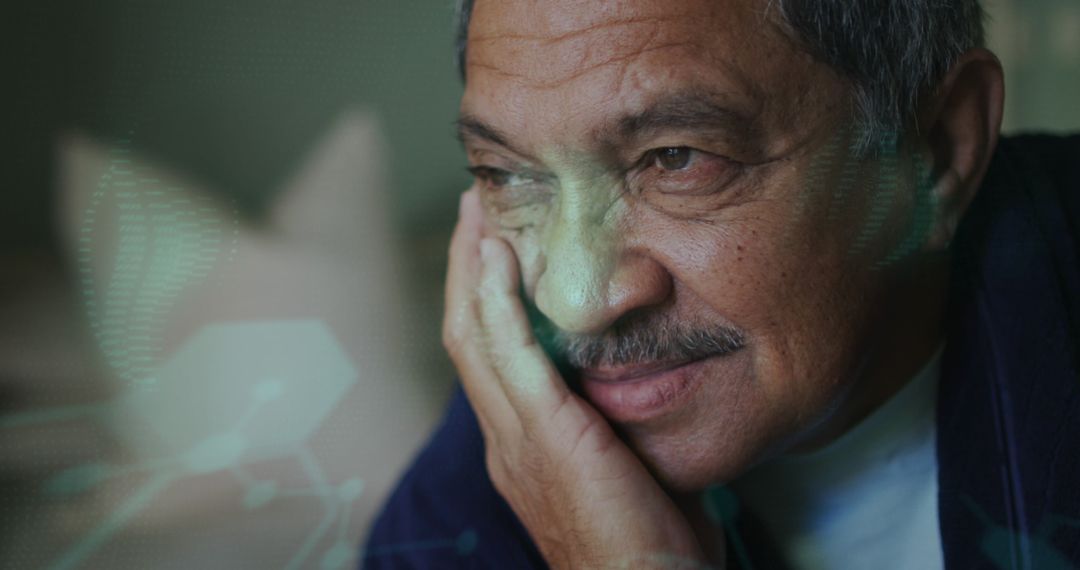 Senior Biracial Man Smiling with Digital Interface Overlay