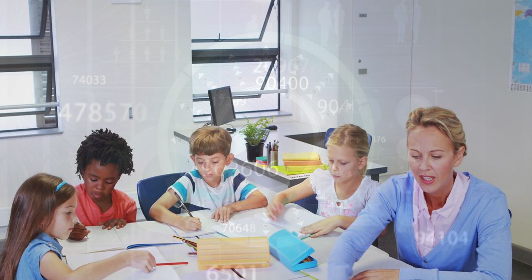 Diverse Children Collaborating with Teacher in Digital Learning Environment