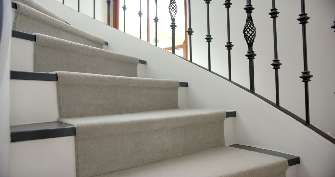 Elegant Carpeted Spiral Staircase with Metal Railings in Luxurious Home